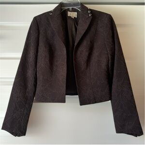 Alberto Makali Dark Purple Textured Floral Cropped Blazer Hook Stud Details sz 4